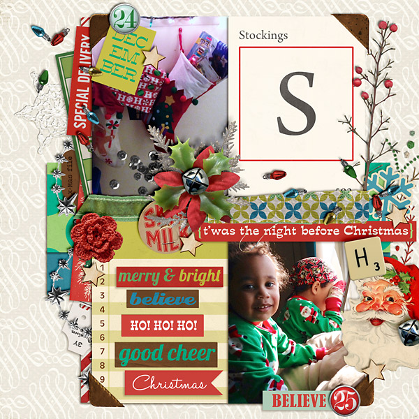 Christmas layout by PuSticks using Wood Veneer: Christmas, Daily Date Brads No.1, Daily Date Brads No.2, Vintage Christmas Alpha Cards by Sahlin Studio