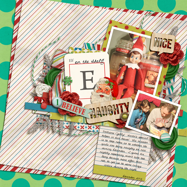 Elf on a Shelf Christmas layout by my2monkeys using Wood Veneer: Christmas, Daily Date Brads, Vintage Christmas Alpha Cards by Sahlin Studio