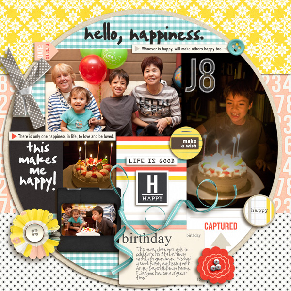 Hello Happiness digital scrapbook layout by mikinenn using Pure Happiness by Sahlin Studio