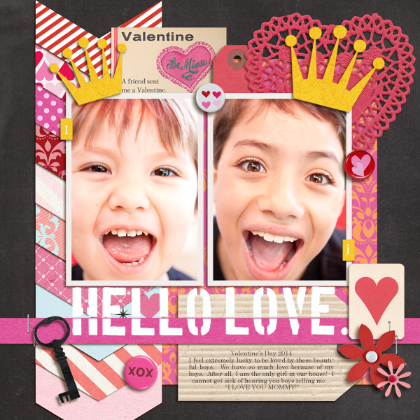 Hello Love digital layout by mikinenn using Stamped Sentiments Digital Word Art No. 2: Love by Sahlin Studio