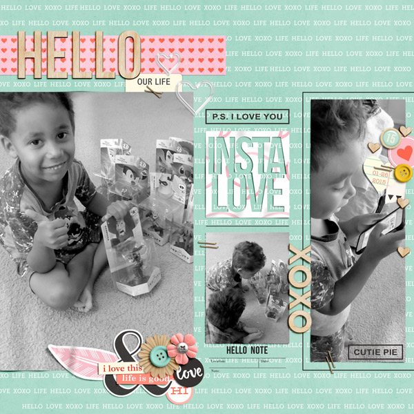 Hello digital scrapbooking page by PuSticks using MPM Hello and Add Ons by Sahlin Studio