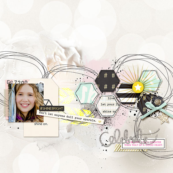 Celebrate digital scrapbooking page by amberr featuring Shine Bright Kit and Journal Cards by Sahlin Studio