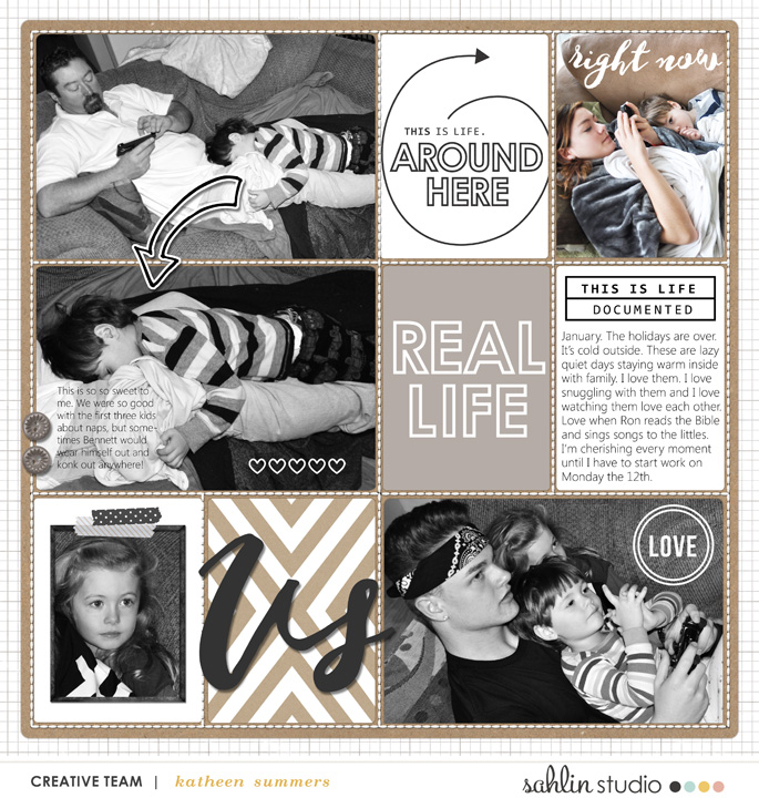 This is Life Around Here digital pocket srapbooking double page (L) by kathleen.summers using MPM Roots (Neutral) and All About This Add Ons by Sahlin Studio