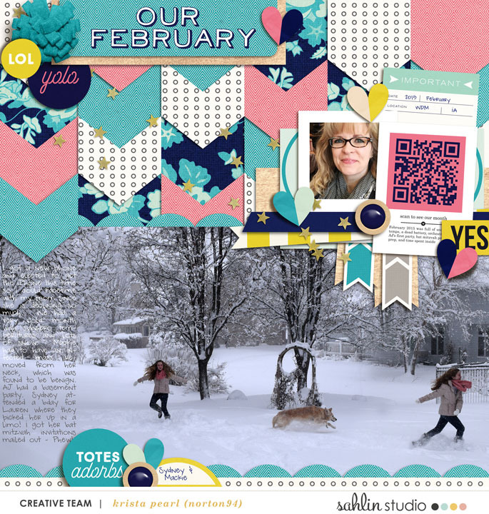 Our February Digital scrapbooking page  using Totes Adorbs by Sahlin Studio