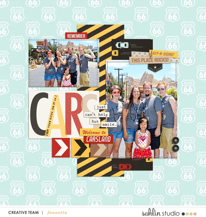 Carsland in Disneyland digital scrapbooking page using Project Mouse (Cars) by Britt-ish Designs and Sahlin Studio