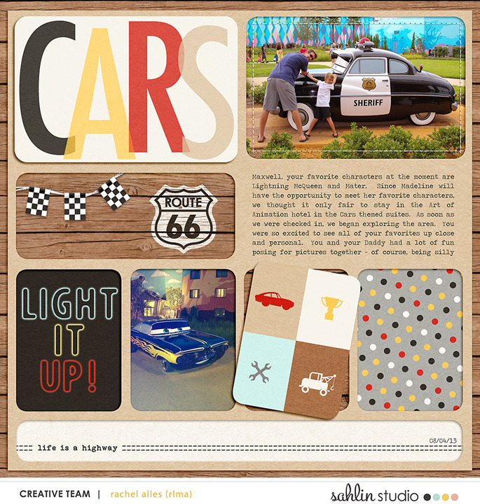 Disney's Carsland digital double pocket scrapbooking page (L) using Project Mouse (Cars) by Britt-ish Designs and Sahlin Studio