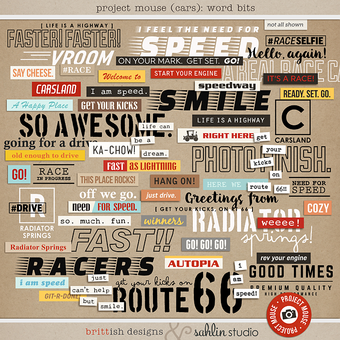 Project Mouse (Cars): Word Art / Bits by Britt-ish Designs and Sahlin Studio  -   Perfect for Disney's Cars, Carsland, Radiator Spring or racing moments for your Project Mouse or Project Life Albums!!