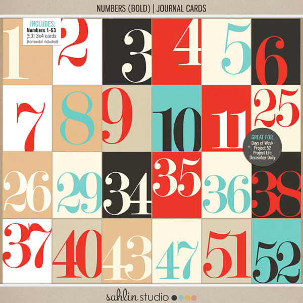 Numbers (Bold) | Journal Cards - Digital Printable Scrapbooking Journal Card Pack by Sahlin Studio - Perfect for your Project Life, Project 52 or December Daily albums!!