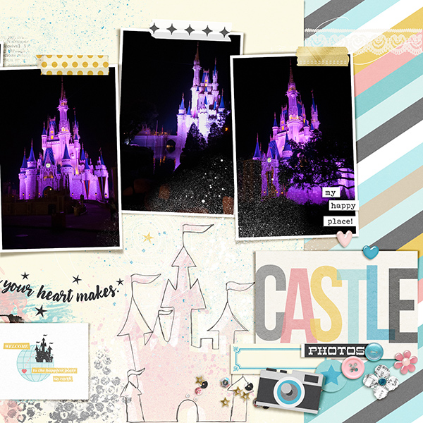 Disneyland Castle digital scrapbooking page using Project Mouse: Pins, Artsy and Beginnings by Sahlin Studio and Britt-ish Designs
