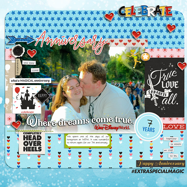7 Year Anniversary digital scrapbooking page using Project Mouse (Celebrate) by Britt-ish Designs and Sahlin Studio
