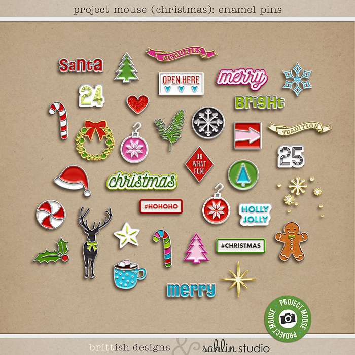 Project Mouse (Christmas): Enamel Pins by Britt-ish Designs and Sahlin Studio - Perfect for your digital scrapbooking, Project Life or Disney Project Mouse albums!!