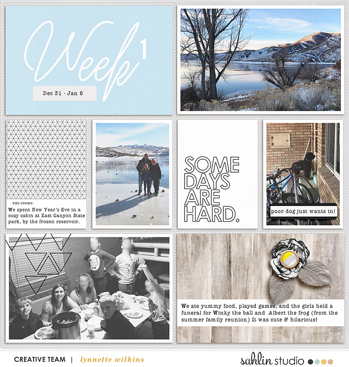 Week 1 Digital Project Life page using Weekly Journal Calendar Cards by Sahlin Studio