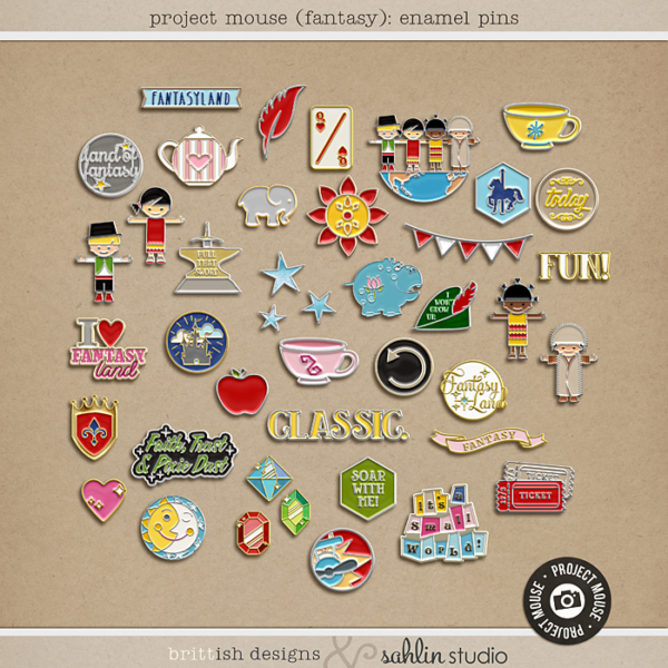 Project Mouse (Fantasy): Artsy by Britt-ish Designs and Sahlin Studio - Reminiscent of the enamel trading pins that we all seem to collect on our backpacks, jackets and lanyards. Perfect for your Disney scrapbooking pages.