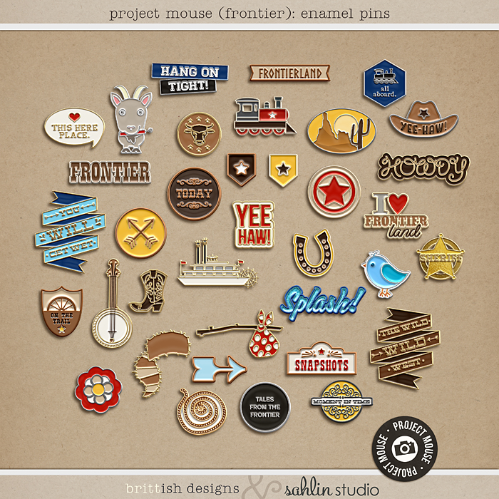 Project Mouse (Fantasy): Enamel Pins by Britt-ish Designs and Sahlin Studio - Reminiscent of the enamel trading pins that we all seem to collect on our backpacks, jackets and lanyards. Perfect for your Disney scrapbooking pages.