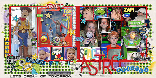 Disney Tomorrowland Astro Blaster Toy Story digital scrapbooking page using Project Mouse (Tomorrow): Enamel Pins & Artsy by Britt-ish Designs and Sahlin Studio
