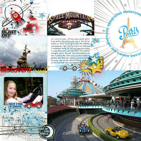 Disneyland Paris Tomorrowland Autopia Space Mountain Mission digital scrapbooking page using Project Mouse (Tomorrow): Enamel Pins & Artsy by Britt-ish Designs and Sahlin Studio