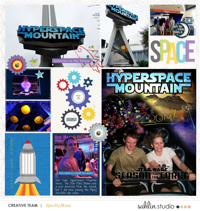 Disney Tomorrowland Space Mountain digital scrapbooking page using Project Mouse (Tomorrow): Enamel Pins & Artsy by Britt-ish Designs and Sahlin Studio