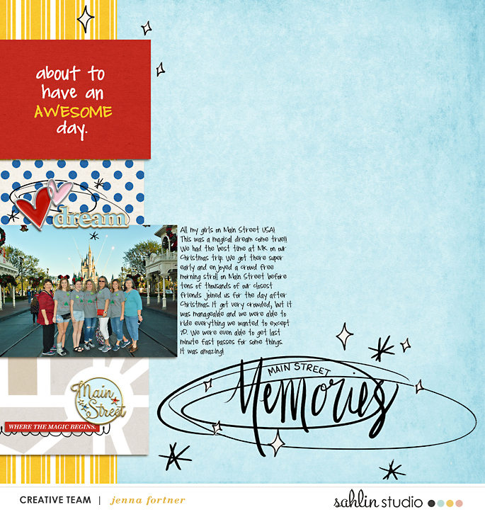 Disney Main Street Memories scrapbook page Project Mouse (Main Street) Artsy and Enamel Pins by Britt-ish Designs and Sahlin Studio 