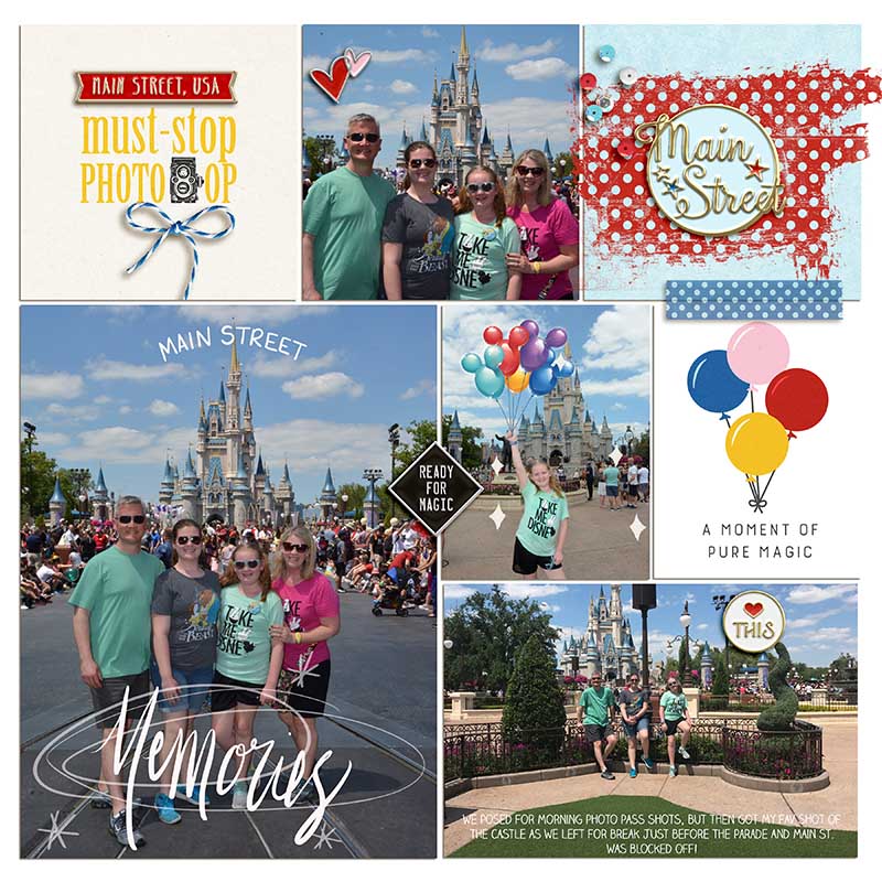 Disney Main Street Memories - Castle scrapbook Project Life page Project Mouse (Main Street) Artsy and Enamel Pins by Britt-ish Designs and Sahlin Studio