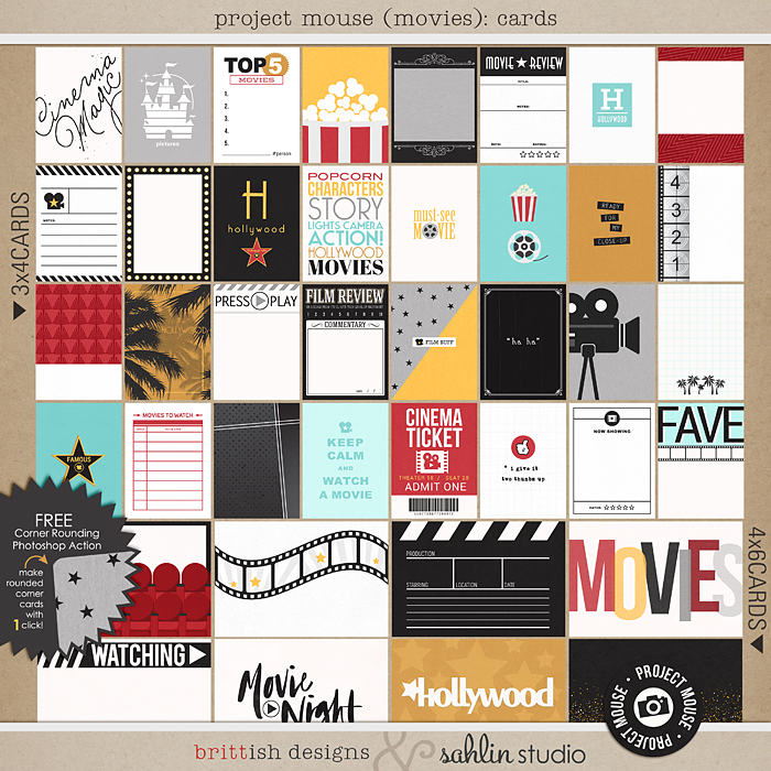 Project Mouse (Movies): Journal Cards by Britt-ish Designs and Sahlin Studio - Perfect for scrapbooking your movie night or night at the movies or your Disney Hollywood Studios photos in your scrapbooking or Project Life albums!!