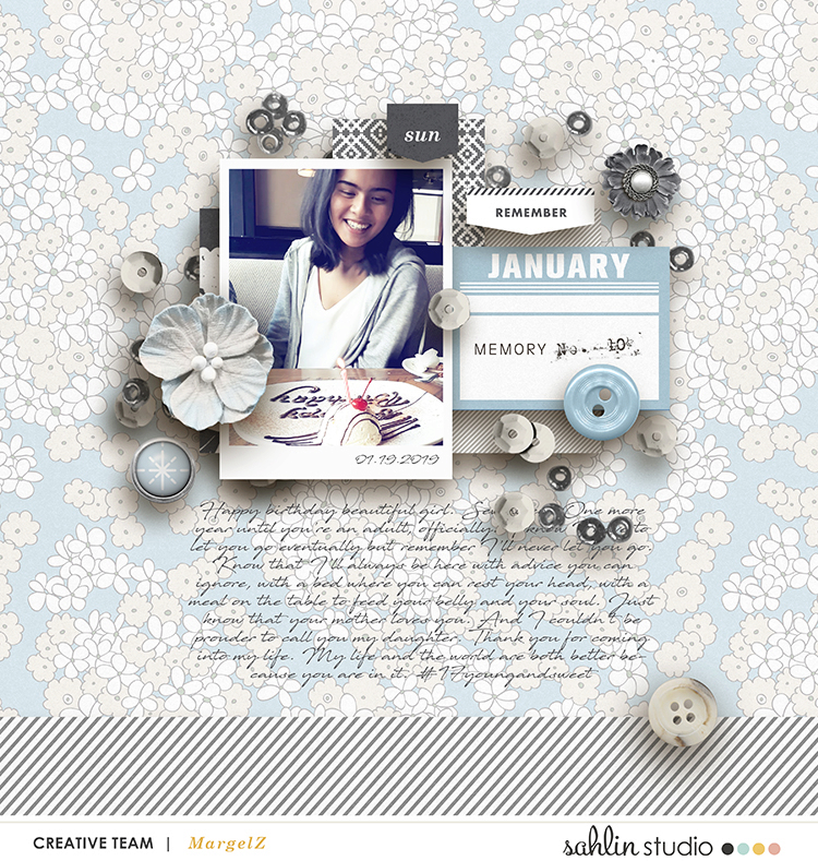 January Winter Birthday digital scrapbooking layout using Winter Stories by Sahlin Studio