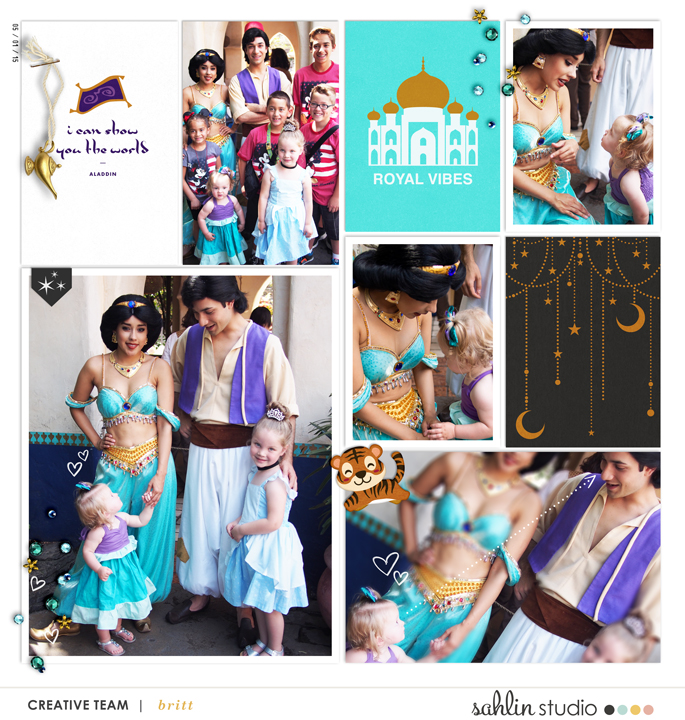 Meeting Disney Princess Jasmine + Aladdin digital Project Life scrapbook layout using Project Mouse (Princess) Jasmine | Kit & Journal Cards by Britt-ish Designs and Sahlin Studio