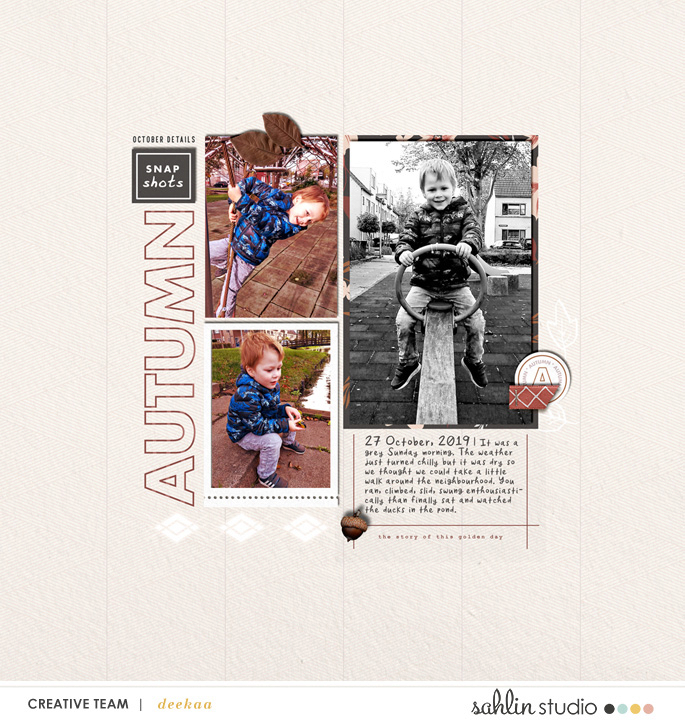 Snapshots of Fall Autumn Digital Scrapbooking page using Autumn Stories | Journal Cards by Sahlin Studio