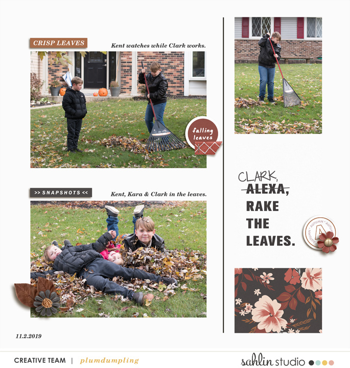 Autumn Fall Memories "Alexa Rake the Leaves" Scrapbooking Project Life page using Autumn Stories | Journal Cards by Sahlin Studio