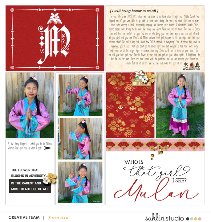 Who's that Girl I See? That Blooms in Adversity - digital Project Life scrapbook page layout using Project Mouse (Princess) Mulan | Kit & Journal Cards by Britt-ish Designs and Sahlin Studio
