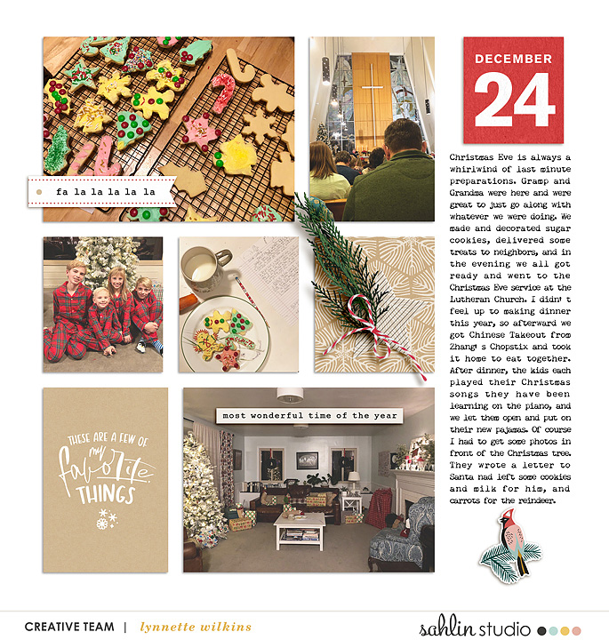These are a few of my favorite things about Christmas digital scrapbooking Project Life layout using Favorite Things (Journal Cards) by Sahlin Studio