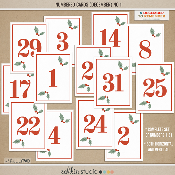 Numbered Cards (December) by Sahlin Studio - Perfect for scrapbooking your December Daily, Document Your December, Project Life and Christmas albums!!