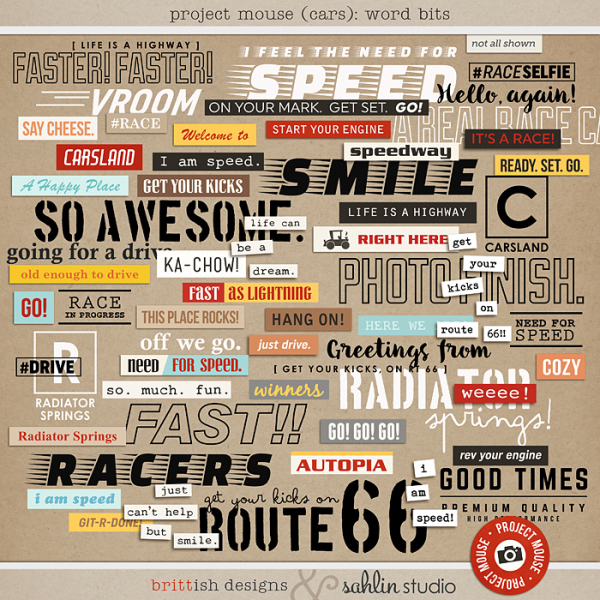 Project Mouse (Cars): Word Art / Bits by Britt-ish Designs and Sahlin Studio - Perfect for Disney's Cars, Carsland, Radiator Spring or racing moments for your Project Mouse or Project Life Albums!!