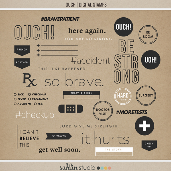 Ouch (Digital Stamps) by Sahlin Studio - Perfect for your Project Life or traditional or digital scrapbooking layouts for Doctors Visits, Surgery, Sick Days, Cancer and many more OUCH moments!!