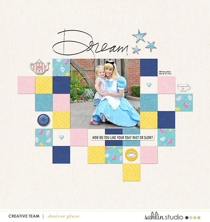 Disney Meeting Alice digital scrapbooking page using Project Mouse (Fantasy): Enamel PIns and Artsy by Britt-ish Designs and Sahlin Studio