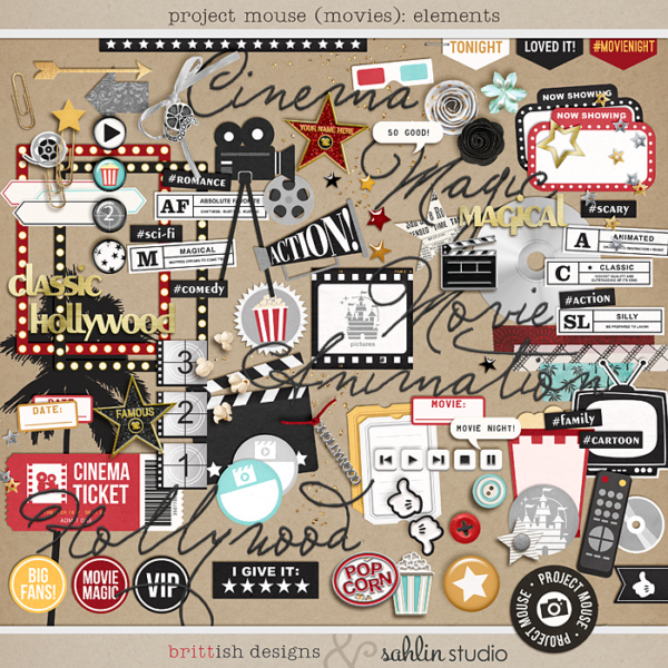 Project Mouse (Movies): Elements by Britt-ish Designs and Sahlin Studio - Perfect for scrapbooking your movie night or night at the movies or your Disney Hollywood Studios photos in your scrapbooking or Project Life albums!!