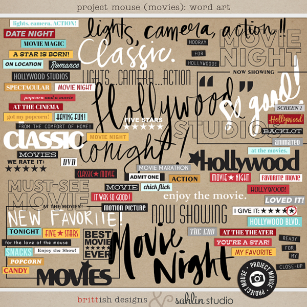 Project Mouse (Word Art): Journal Cards by Britt-ish Designs and Sahlin Studio - Perfect for scrapbooking your movie night or night at the movies or your Disney Hollywood Studios photos in your scrapbooking or Project Life albums!!