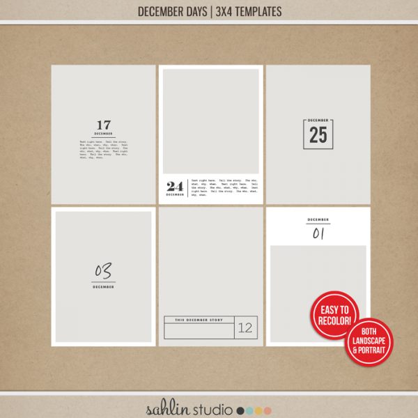 December Days 3x4 Templates by Sahlin Studio - Perfect for documenting your winter / Christmas scrapbooks, Project Life albums and December Daily pages!!